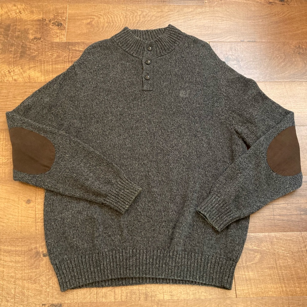 Chaps Mock Neck Pullover Gray Sweater w/ Brown Elbow Patches 100% Cotton Men’s L